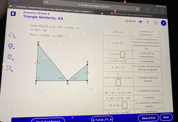 Solved: AA #student.ex.edgenuity.com (s] Goometry, Triangle Similarity ...