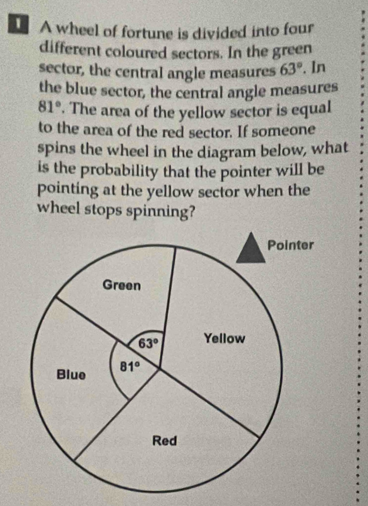 A wheel of fortune is divided into four
different coloured sectors. In the green
sector, the central angle measures 63°. In
the blue sector, the central angle measures
81°. The area of the yellow sector is equal
to the area of the red sector. If someone
spins the wheel in the diagram below, what
is the probability that the pointer will be
pointing at the yellow sector when the
wheel stops spinning?