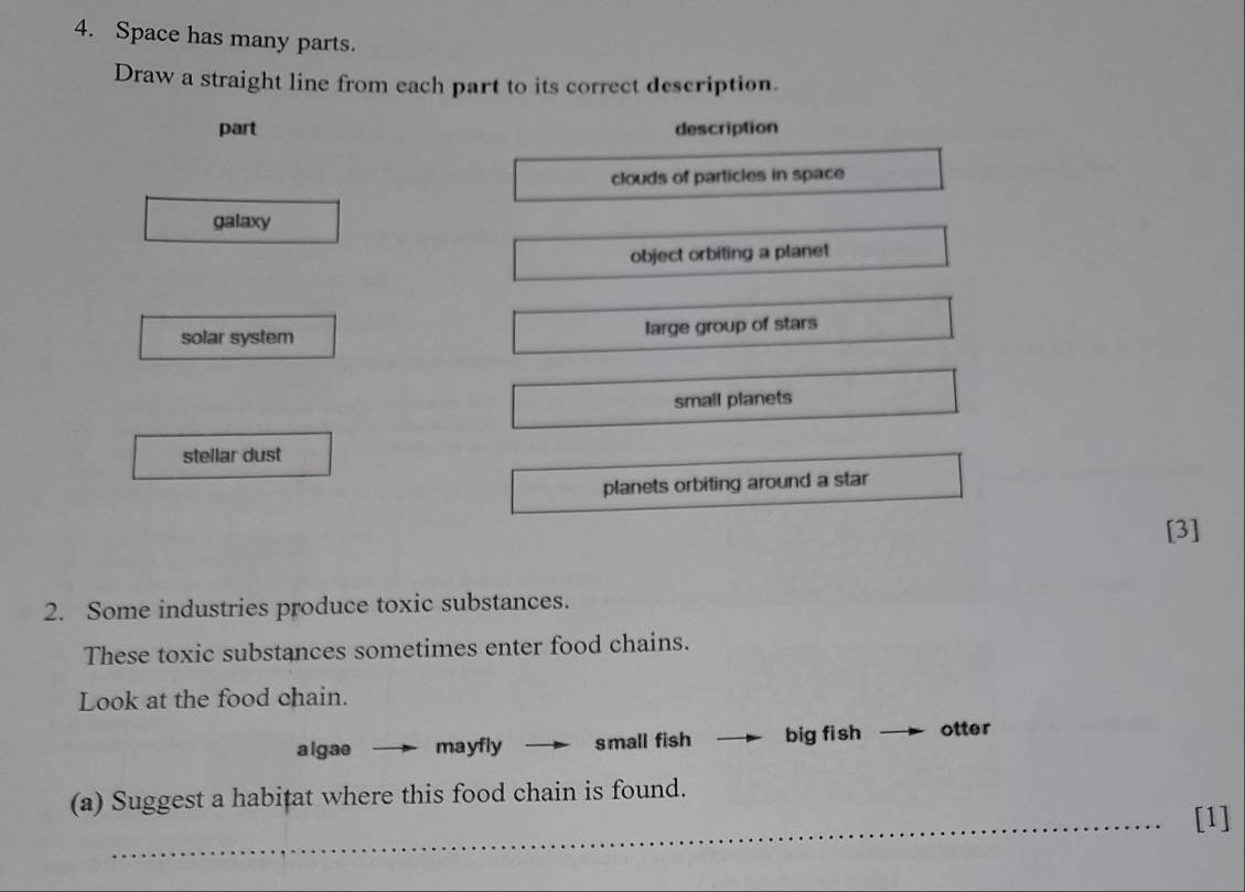 Space has many parts.
Draw a straight line from each part to its correct description.
part description
clouds of particles in space
galaxy
object orbiting a planet
solar system large group of stars
small planets
stellar dust
planets orbiting around a star
[3]
2. Some industries produce toxic substances.
These toxic substances sometimes enter food chains.
Look at the food chain.
a lgao mayfly small fish big fi sh otter
(a) Suggest a habițat where this food chain is found.
_[1]