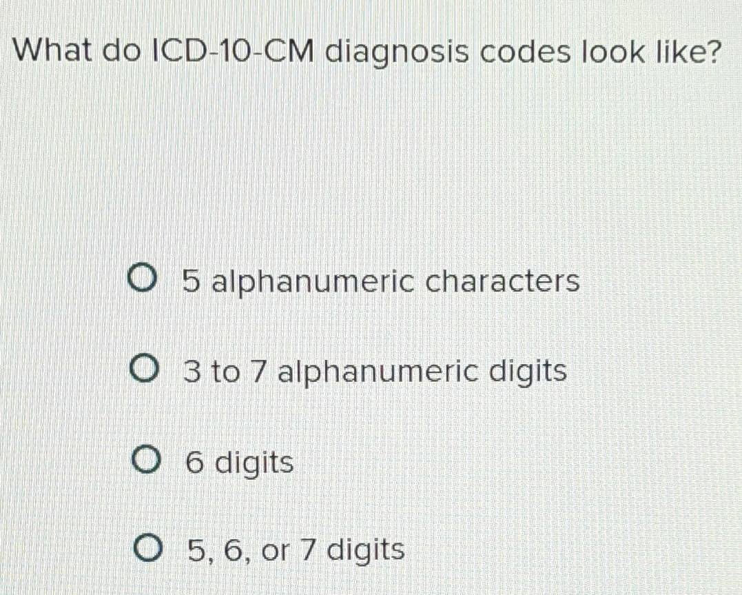 Solved: What do ICD- 10-CM diagnosis codes look like? 5 alphanumeric ...