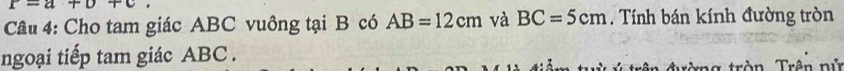 P=a+b+c. 
Câu 4: Cho tam giác ABC vuông tại B có AB=12cm và BC=5cm. Tính bán kính đường tròn 
ngoại tiếp tam giác ABC. * tròn, Trên pủ