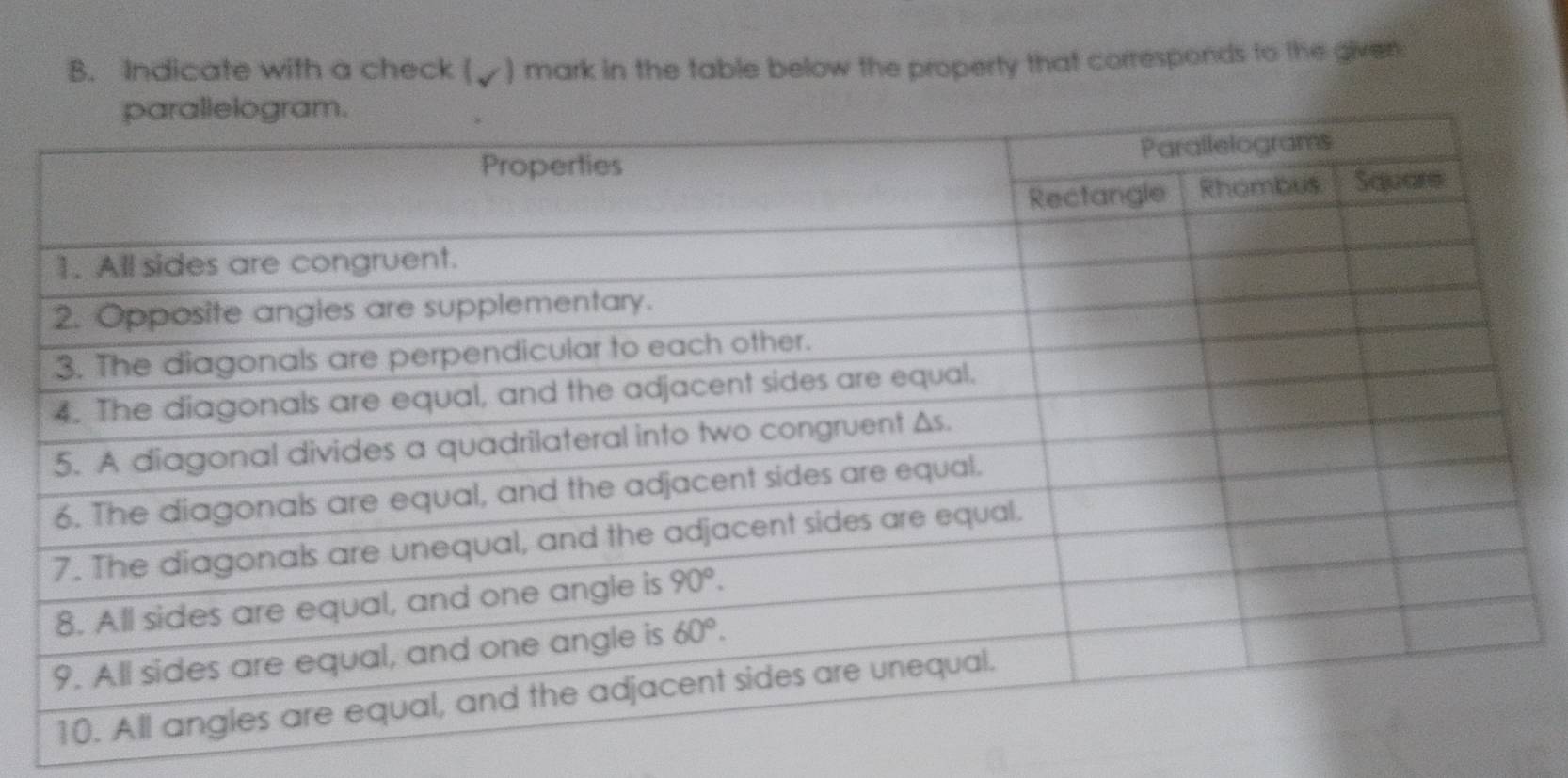 Indicate with a check (▲) mark in the table below the property that corresponds to the given