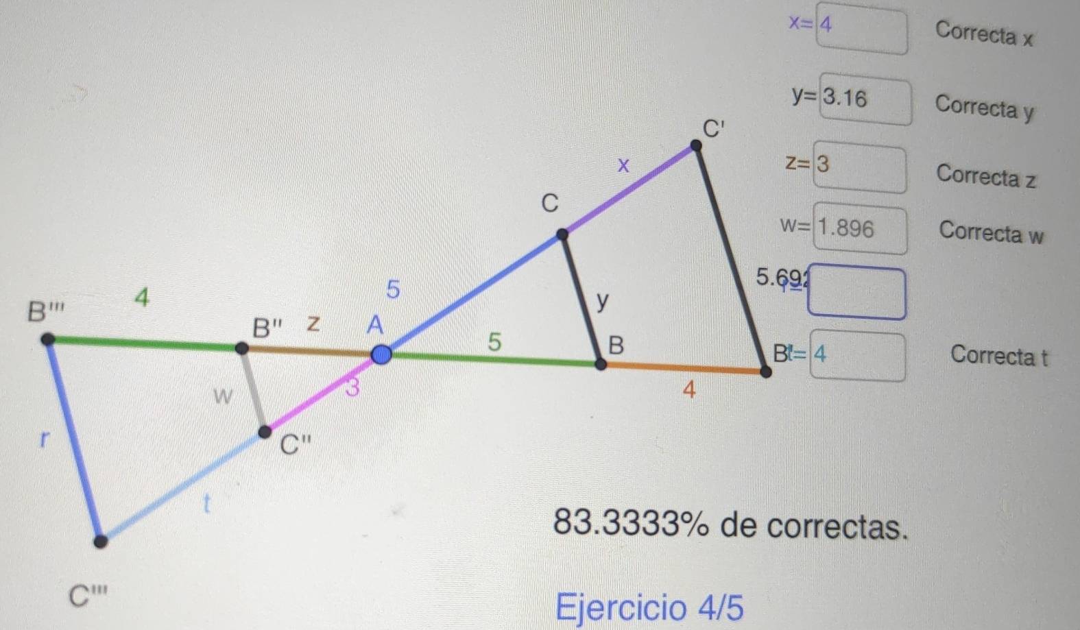 Resuelto:x= 4 Correcta x Correcta y Correcta z Correcta w Correcta t