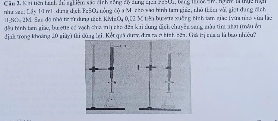 Khi tiên hành thí nghiệm xác định nông độ dung dịch FeSO₄, bằng thuốc tim, người tả thực hiện 
như sau: Lấy 10 mL dung dịch FeS O_4 nồng độ a M cho vào bình tam giác, nhỏ thêm vài giọt dung dịch
H_2SO_42M. Sau đó nhỏ từ từ dung dịch KMnO₄ 0,02 M trên burette xuống bình tam giác (vừa nhỏ vừa lắc 
đều bình tam giác, burette có vạch chia ml) cho đến khi dung dịch chuyển sang màu tím nhạt (màu ổn 
định trong khoảng 20 giây) thì dừng lại. Kết quả được đưa ra ở hình bên. Giá trị của a là bao nhiêu?