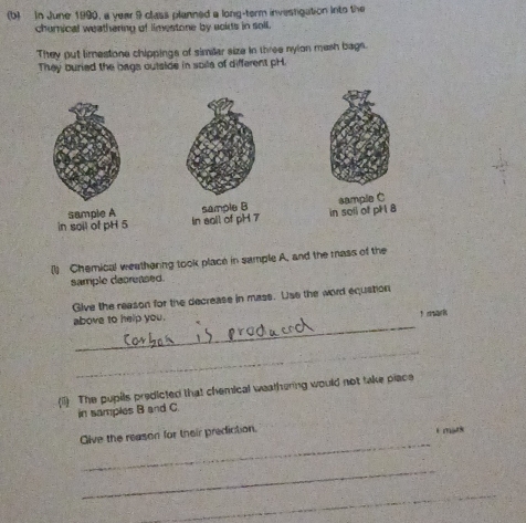 In June 1990, a year 9 class planned a long-term investigation into the 
churnical weathering of limestone by acids in soll. 
They put limestone chippings of similar size in three nylon mash bags. 
They buried the bags outside in soils of different pH. 
in soil of pH 5 In soll of pH 7 sample B in soll of pH 8 sample C
sample A 
(1) Chemical weathering took place in sample A, and the mass of the 
sample decreased. 
Give the reason for the decrease in mass. Use the word equstion 
_ 
above to help you. t mark 
_ 
(1) The pupils predicted that chemical weathering would not take piace 
in samples B and C
_ 
Give the reason for their prediction. * mank 
_