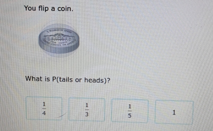 You flip a coin.
What is P (tails or heads)?
 1/4   1/3   1/5  1