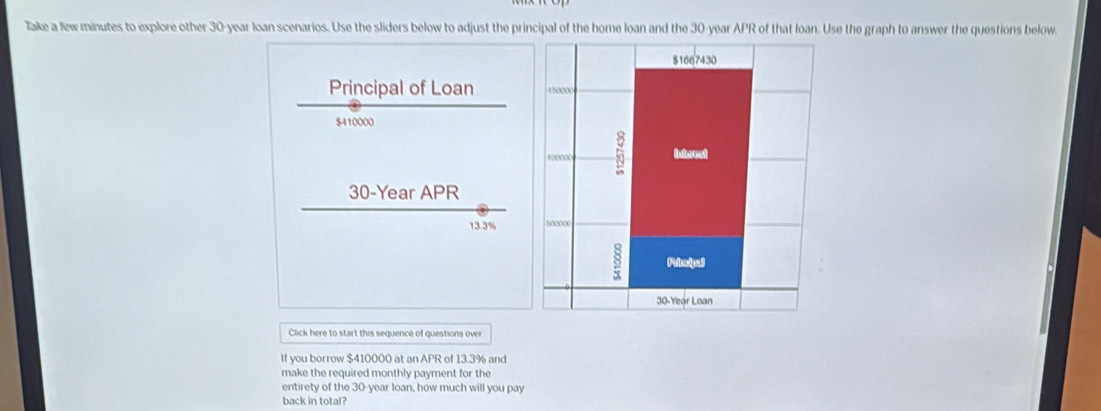 Take a few minutes to explore other 30-year loan scenarios. Use the sliders below to adjust the principal of the home loan and the 30-year APR of that loan. Use the graph to answer the questions below 
Principal of Loan
$410000
30-Year APR
13.3%
Click here to start this sequence of questions over 
If you borrow $410000 at an APR of 13.3% and 
make the required monthly payment for the 
entirety of the 30-year loan, how much will you pay 
back in total?