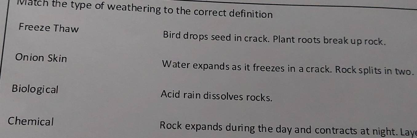 Match the type of weathering to the correct definition
Freeze Thaw
Bird drops seed in crack. Plant roots break up rock.
Onion Skin
Water expands as it freezes in a crack. Rock splits in two.
Biological Acid rain dissolves rocks.
Chemical Rock expands during the day and contracts at night. Laye