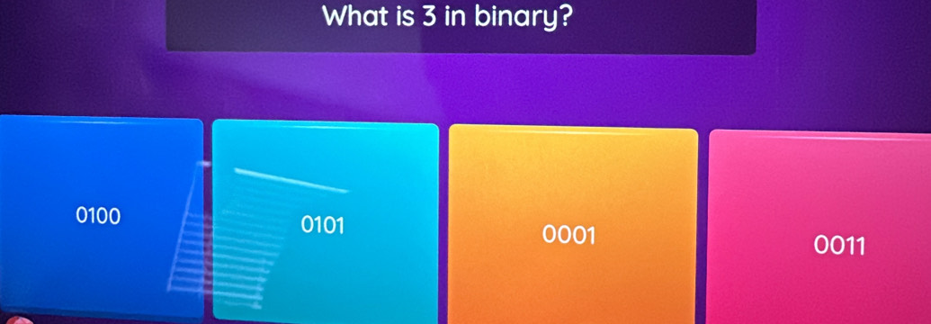 What is 3 in binary?
0100
0101
0001 0011