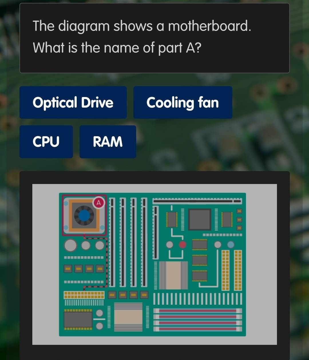 Solved: The diagram shows a motherboard. What is the name of part A ...