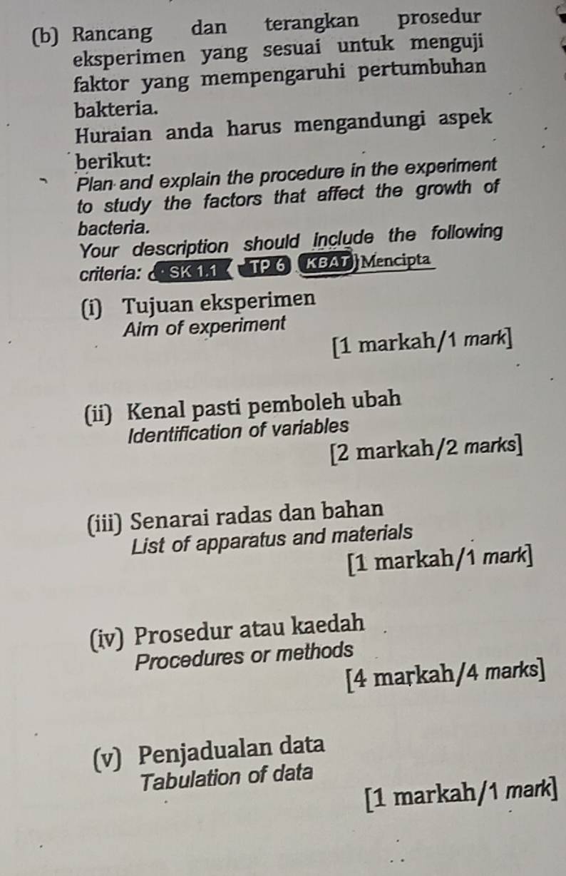 Rancang dan terangkan prosedur 
eksperimen yang sesuai untuk menguji 
faktor yang mempengaruhi pertumbuhan 
bakteria. 
Huraian anda harus mengandungi aspek 
berikut: 
Plan and explain the procedure in the experiment 
to study the factors that affect the growth of 
bacteria. 
Your description should include the following 
criteria: SK 1.1 TP6 KBAT| Mencipta 
(i) Tujuan eksperimen 
Aim of experiment 
[1 markah/1 mark] 
(ii) Kenal pasti pemboleh ubah 
Identification of variables 
[2 markah/2 marks] 
(iii) Senarai radas dan bahan 
List of apparatus and materials 
[1 markah/1 mark] 
(iv) Prosedur atau kaedah 
Procedures or methods 
[4 maṛkah/4 marks] 
(v) Penjadualan data 
Tabulation of data 
[1 markah/1 mark]