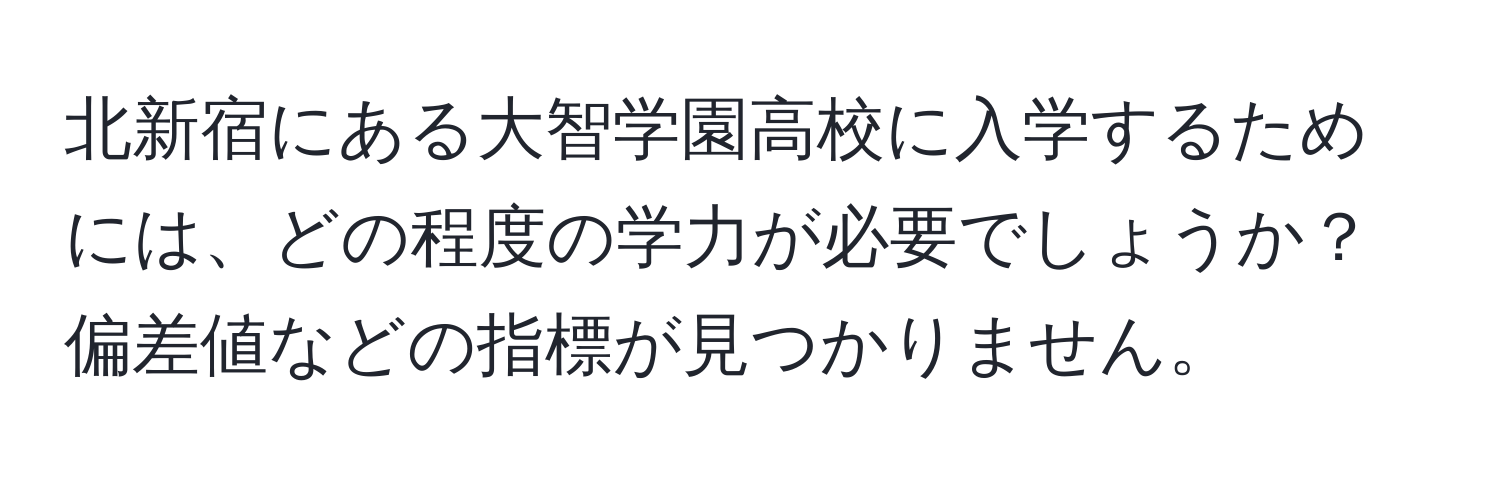 北新宿にある大智学園高校に入学するためには、どの程度の学力が必要でしょうか？偏差値などの指標が見つかりません。