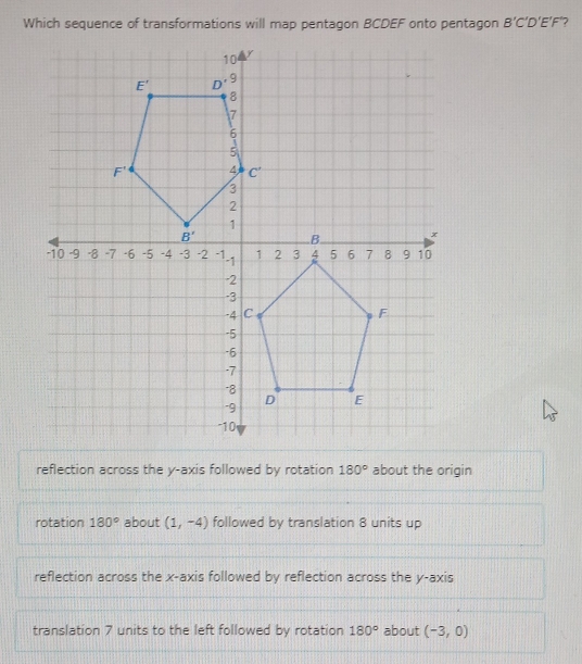 Which sequence of transformations will map pentagon BCDEF onto pentagon B'C'D'E'F'
reflection across the y-axis followed by rotation 180° about the origin
rotation 180° about (1,-4) followed by translation 8 units up
reflection across the x-axis followed by reflection across the y-axis
translation 7 units to the left followed by rotation 180° about (-3,0)