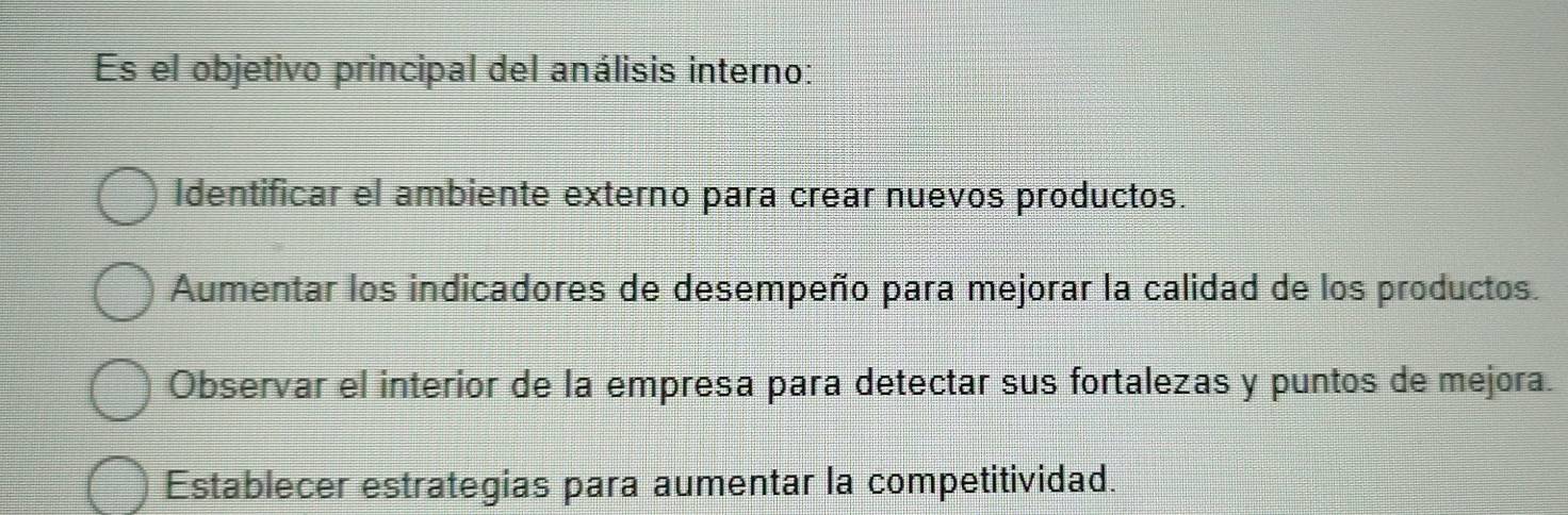 Es el objetivo principal del análisis interno:
Identificar el ambiente externo para crear nuevos productos.
Aumentar los indicadores de desempeño para mejorar la calidad de los productos.
Observar el interior de la empresa para detectar sus fortalezas y puntos de mejora.
Establecer estrategias para aumentar la competitividad.