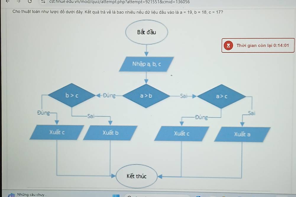 cst.hn ue.edu.vn/mod/quiz/attempt.php?attemp> =9215518tcmid=136056
Cho thuật toán như lược đồ dưới đây. Kết quả trả về là bao nhiêu nều dữ liệu đầu vào là a=19,b=18,c=17 7
Những câu chuy...