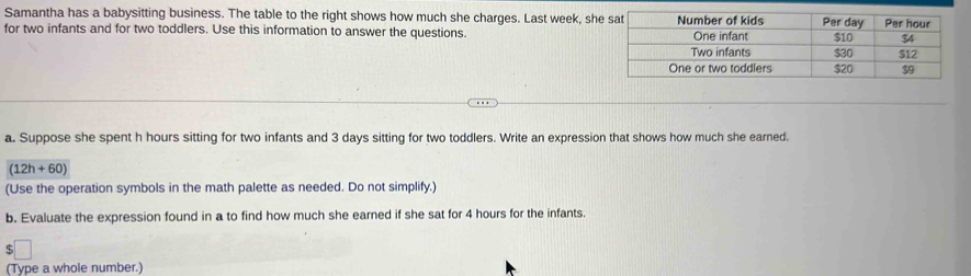 Samantha has a babysitting business. The table to the right shows how much she charges. Last week, she 
for two infants and for two toddlers. Use this information to answer the questions. 
a. Suppose she spent h hours sitting for two infants and 3 days sitting for two toddlers. Write an expression that shows how much she earned.
(12h+60)
(Use the operation symbols in the math palette as needed. Do not simplify.) 
b. Evaluate the expression found in a to find how much she earned if she sat for 4 hours for the infants.
$
(Type a whole number.)