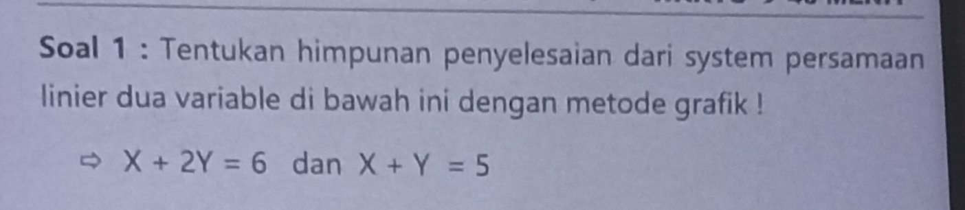 Soal 1 : Tentukan himpunan penyelesaian dari system persamaan
linier dua variable di bawah ini dengan metode grafik !
X+2Y=6 dan X+Y=5