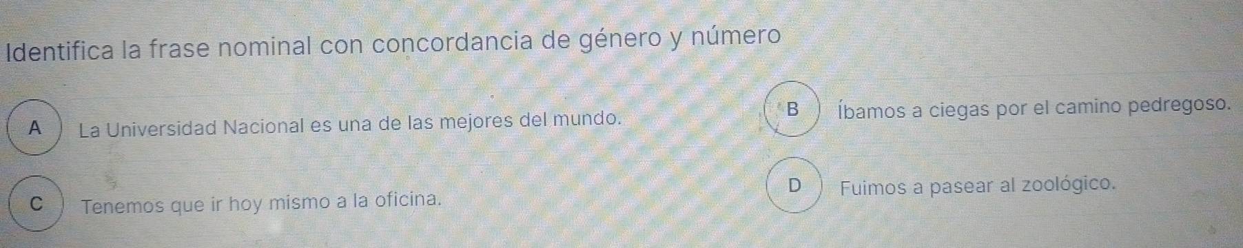 Identifica la frase nominal con concordancia de género y número
A La Universidad Nacional es una de las mejores del mundo.
B ) (bamos a ciegas por el camino pedregoso.
D Fuimos a pasear al zoológico.
C Tenemos que ir hoy mismo a la oficina.