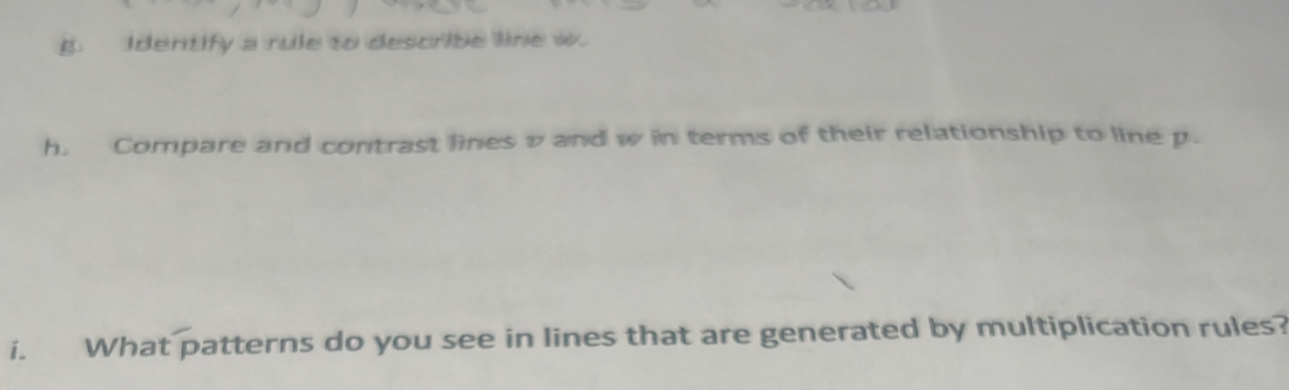 Identify a rule to describe line w. 
h. Compare and contrast lines v and w in terms of their relationship to line p. 
i. What patterns do you see in lines that are generated by multiplication rules?