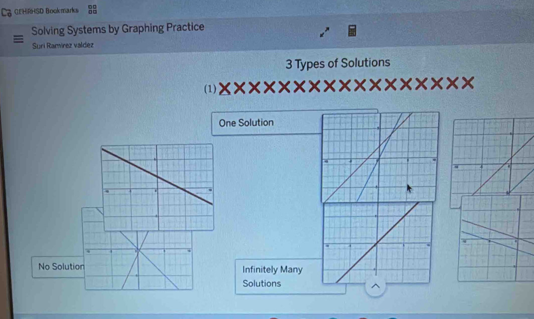 La GEHRHSD Bookmarks
Solving Systems by Graphing Practice
Suri Ramirez váldez
3 Types of Solutions
(1) * * * * * * * * * * * * X
One Solution
No Solution Infinitely Many
Solutions