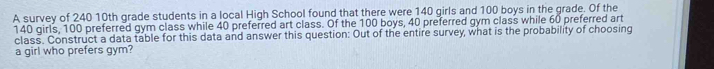 A survey of 240 10th grade students in a local High School found that there were 140 girls and 100 boys in the grade. Of the
140 girls, 100 preferred gym class while 40 preferred art class. Of the 100 boys, 40 preferred gym class while 60 preferred art 
class. Construct a data table for this data and answer this question: Out of the entire survey, what is the probability of choosing 
a girl who prefers gym?