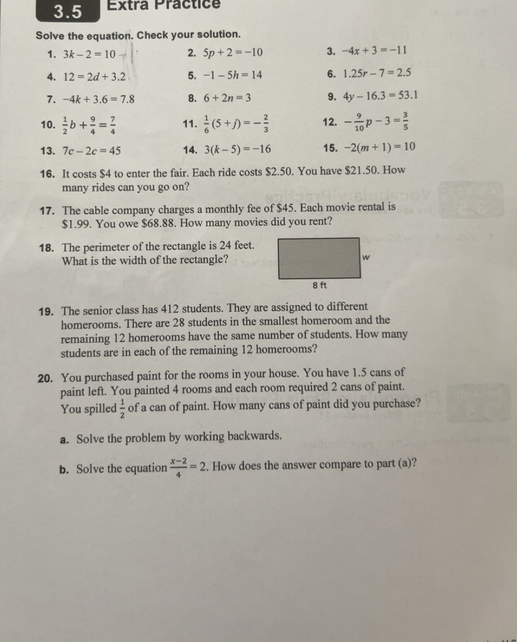 Solved: 3.5 Extra Practice Solve the equation. Check your solution. 1 ...