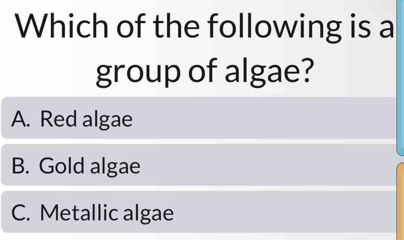 Which of the following is a
group of algae?
A. Red algae
B. Gold algae
C. Metallic algae