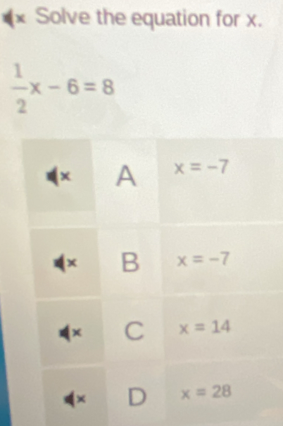 Solve the equation for x.
 1/2 x-6=8