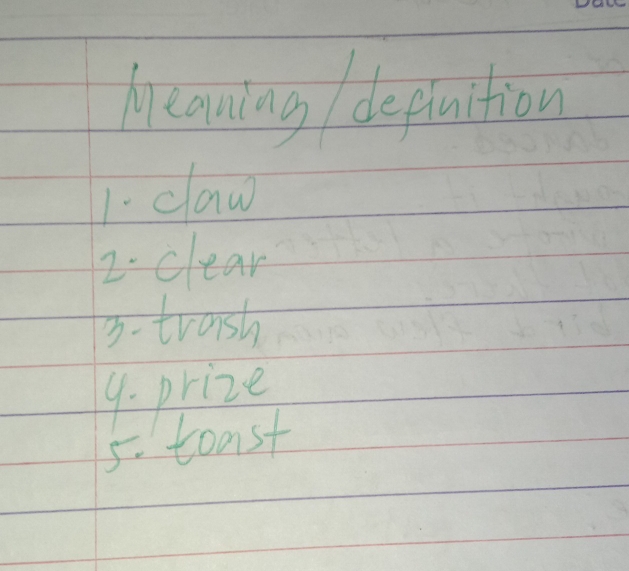 Meaning depintion 
1. claw 
2. clear 
3. trash 
9. prize 
5. toast