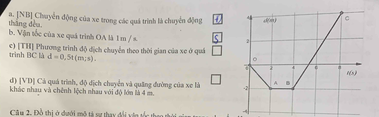 [NB] Chuyển động của xe trong các quá trình là chuyển động 
thắng đều.
b. Vận tốc của xe quá trình OA là 1m / s.
c) [TH] Phương trình độ dịch chuyển theo thời gian của xe ở quá
trình BC là d=0,5t(m;s).
d) [VD] Cả quá trình, độ dịch chuyển và quãng đường của xe là
khác nhau và chênh lệch nhau với độ lớn là 4 m.
Câu 2. Đồ thi ở dưới mô tả sự thay đổi vân tốc theo thờ
-4