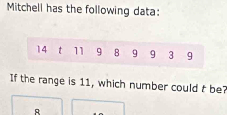 Mitchell has the following data:
14 t 11 9 8 9 9 3 9
If the range is 11, which number could t be?
8