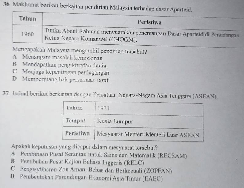 Maklumat berikut berkaitan pendirian Malaysia terhadap dasar
h Malaysia mengambil pendirian tersebut?
A Menangani masalah kemiskinan
B Mendapatkan pengiktirafan dunia
C Menjaga kepentingan perdagangan
D Memperjuang hak persamaan taraf
37 Jadual berikut berkaitan dengan Persatuan Negara-Negara Asia Tenggara (ASEAN).
Apakah keputusan yang dicapai dalam mesyuarat tersebut?
A Pembinaan Pusat Serantau untuk Sains dan Matematik (RECSAM)
B Penubuhan Pusat Kajian Bahasa Inggeris (RELC)
C Pengisytiharan Zon Aman, Bebas dan Berkecuali (ZOPFAN)
D Pembentukan Perundingan Ekonomi Asia Timur (EAEC)