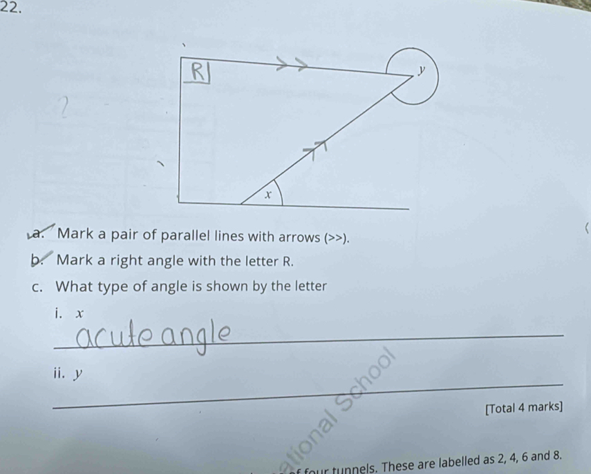 Mark a pair of parallel lines with arrows ( ). 
b. Mark a right angle with the letter R. 
c. What type of angle is shown by the letter 
i. x
_ 
ii、 y
_ 
_ 
[Total 4 marks] 
our tunnels. These are labelled as 2, 4, 6 and 8.