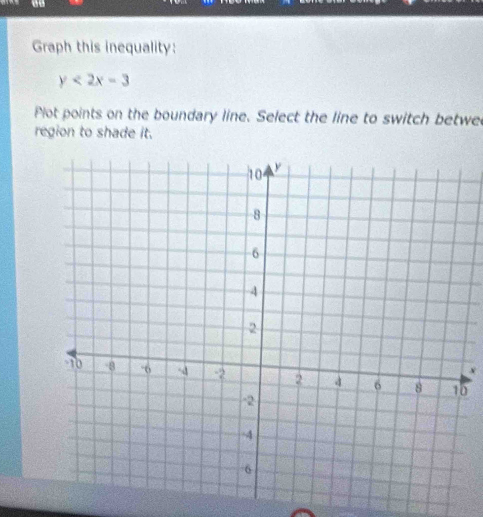 Graph this inequality:
y<2x-3</tex> 
Plot points on the boundary line. Select the line to switch betwe 
region to shade it.
x
6