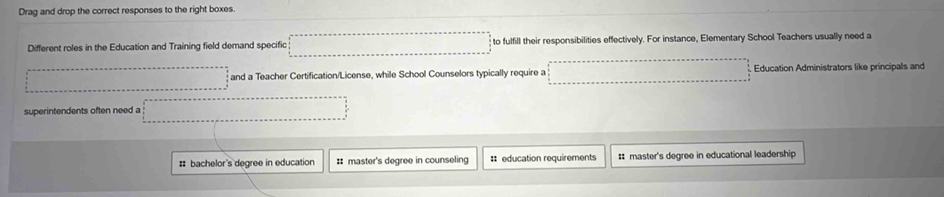 Drag and drop the correct responses to the right boxes.
Different roles in the Education and Training field demand specific □ to fulfill their responsibilities effectively. For instance, Elementary School Teachers usually need a
.................... and a Teacher Certification/License, while School Counselors typically require a □. Education Administrators like principals and
superintendents often need a □°
#: bachelor's degree in education : master's degree in counseling : education requirements = master's degree in educational leadership