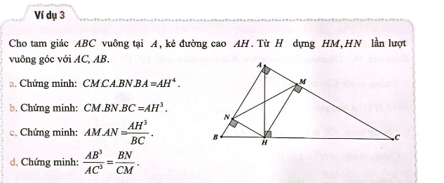 Ví dụ 3 
Cho tam giác ABC vuông tại A, kẻ đường cao AH. Từ H dựng HM,HN lần lượt 
vuông góc với AC, AB. 
a. Chứng minh: CM CA.BN. D A=AH^4. 
b. Chứng minh: CM.BN.BC=AH^3. 
c, Chứng minh: AMAN= AH^3/BC . 
d, Chứng minh:  AB^3/AC^3 = BN/CM .