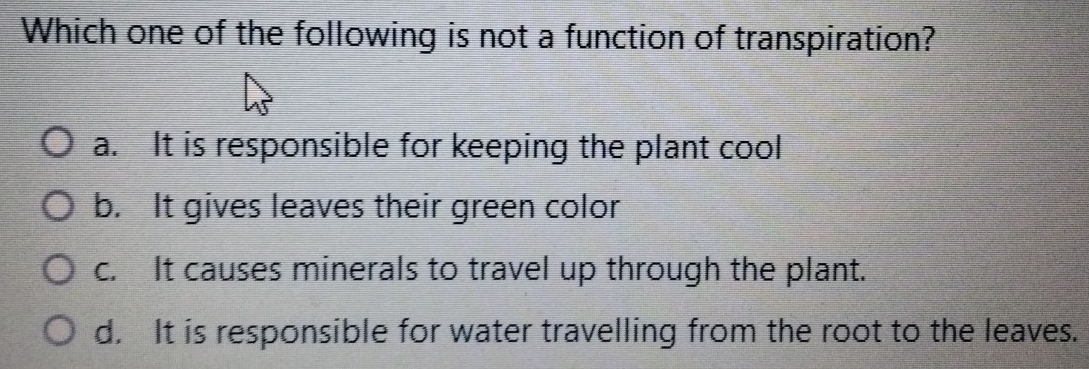 Which one of the following is not a function of transpiration?
a. It is responsible for keeping the plant cool
b. It gives leaves their green color
c. It causes minerals to travel up through the plant.
d. It is responsible for water travelling from the root to the leaves.