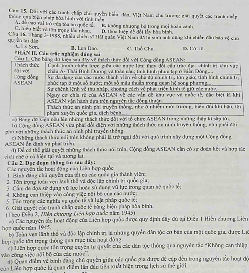 Đối với các tranh chấp chủ quyền biển, đảo, Việt Nam chủ trương giải quyết các tranh chấp
thông qua biện pháp hòa bình với tinh thần
A. để cao vai trò của tòa án quốc tế. B. không nhượng bộ trong mọi hoàn cảnh.
C. hiểu biết và tôn trọng lẫn nhau. D. thỏa hiệp đễ đối lấy hòa bình.
Câu 16. Tháng 3-1988, nhiều chiến sĩ Hải quân Việt Nam đã hi sinh anh dũng khi chiến đầu bảo vệ chủ
quyền tại đào
A. Lý Sơn. B. Len Dạo. C. Thổ Chu. D. Cô Tô.
PHÀN II. Câu trắc nghiệm đúng sai
a) Bảng dữ kiện nêu lên những thách thức đối với tổ chức ASEAN trong 
b) Cộng đồng ASEAN vừa phải đối diện với những thách thức an ninh truyền thống, vừa phái đối
phó với những thách thức an ninh phi truyền thống
c) Những thách thức nói trên không phải là trở ngại đối với quá trình xây dựng một Cộng đồng
ASEAN ổn định và phát triển.
d) Để có thể giải quyết những thách thức nói trên, Cộng đồng ASEAN cần có sự đoàn kết và hợp tác
chặt chẽ ở cả hiện tại và tương lai.
Câu 2. Đọc đoạn thông tin sau đây:
Các nguyên tắc hoạt động của Liên hợp quốc
1. Bình đẳng chủ quyền của tất cả các quốc gia thành viên;
2 Tôn trọng toàn vẹn lãnh thổ và độc lập chính trị quốc gia;
3. Cẩm đe dọa sử dụng vũ lực hoặc sử dụng vũ lực trong quan hệ quốc tế;
4. Không can thiệp vào công việc nội bộ của các nước;
5 Tôn trọng các nghĩa vụ quốc tế và luật pháp quốc tế;
6. Giải quyết các tranh chấp quốc tế bằng biện pháp hòa bình.
(Theo Điều 2, Hiến chương Liên hợp quốc năm 1945)
a) Các nguyên tắc hoạt động của Liên hợp quốc được quy định đầy đủ tại Điều 1 Hiến chương Liên
hợp quốc năm 1945.
b) Toàn vẹn lãnh thổ và độc lập chính trị là những quyền dân tộc cơ bản của một quốc gia, được Liê
hợp quốc tôn trọng thông qua mục tiêu hoạt động.
c) Liên hợp quốc tôn trọng quyền tự quyết của các dân tộc thông qua nguyên tắc “Không can thiệp
vào công việc nội bộ của các nước'.
d) Quan điểm về bình đẳng chủ quyền giữa các quốc gia được đề cập đến trong nguyên tắc hoạt độ
iủa Liên hợp quốc là quan điểm lần đầu tiên xuất hiện trong lịch sử thế giới.