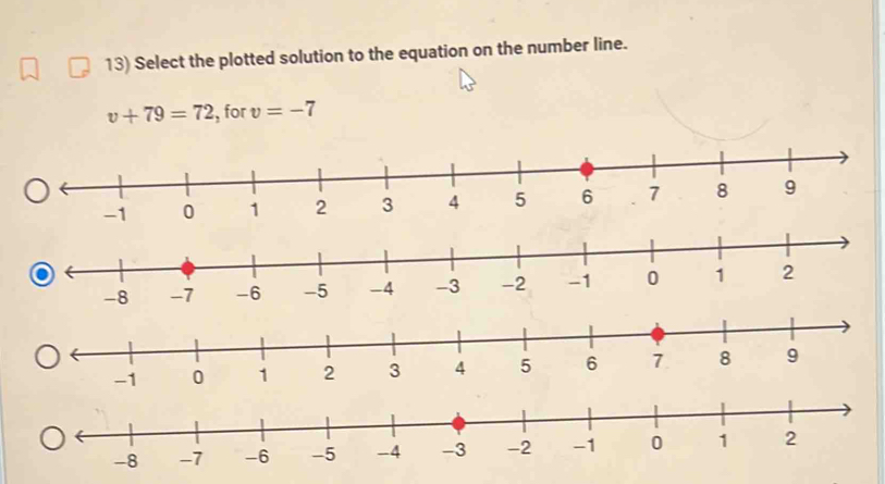 Select the plotted solution to the equation on the number line.
v+79=72 , for v=-7
-7
-1 0 1 2 3 4 5 6 7 8 9