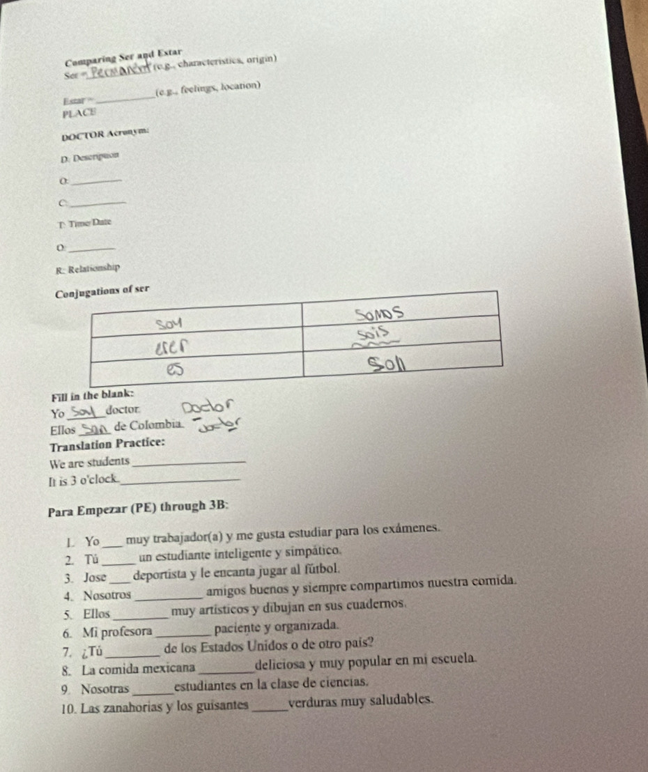 Comparing Ser and Estar 
See _(e.g. characteristics, origin) 
Estar _(c.g., feelings, location) 
PLACE 
DOCTOR Acronym: 
D. Descripton 
_ 
_C 
T Time Date 
_ 
R: Relationship 
of ser 
Fill in the blan 
Yo _doctor 
Ellos _de Colombia. 
Translation Practice: 
We are students_ 
It is 3 o'clock._ 
Para Empezar (PE) through 3B; 
L Yo _muy trabajador(a) y me gusta estudiar para los exámenes. 
2. Tú _un estudiante inteligente y simpático. 
3. Jose_ deportista y le encanta jugar al fútbol. 
4. Nasotros _amigos buenos y siempre compartimos nuestra comida. 
5. Ellos _muy artísticos y dibujan en sus cuadernos. 
6. Mi profesora _paciente y organizada. 
7. ¿Tú _de los Estados Unidos o de otro pais? 
8. La comida mexicana _deliciosa y muy popular en mí escuela. 
9 Nosotras_ estudiantes en la clase de ciencias. 
10. Las zanahorias y los guisantes _verduras muy saludables.