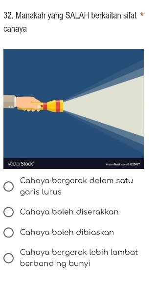 Manakah yang SALAH berkaitan sifat *
cahaya
Cahaya bergerak dalam satu
garis lurus
Cahaya boleh diserakkan
Cahaya boleh dibiaskan
Cahaya bergerak lebih lambat
berbanding bunyi