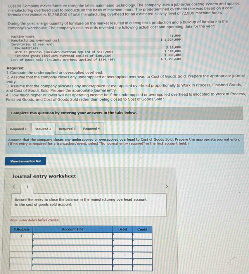 Solved: Luzadis Company makes furniture using the latest automated ...