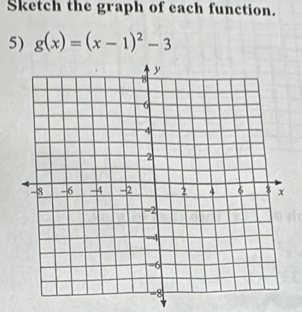 Sketch the graph of each function. 
5) g(x)=(x-1)^2-3