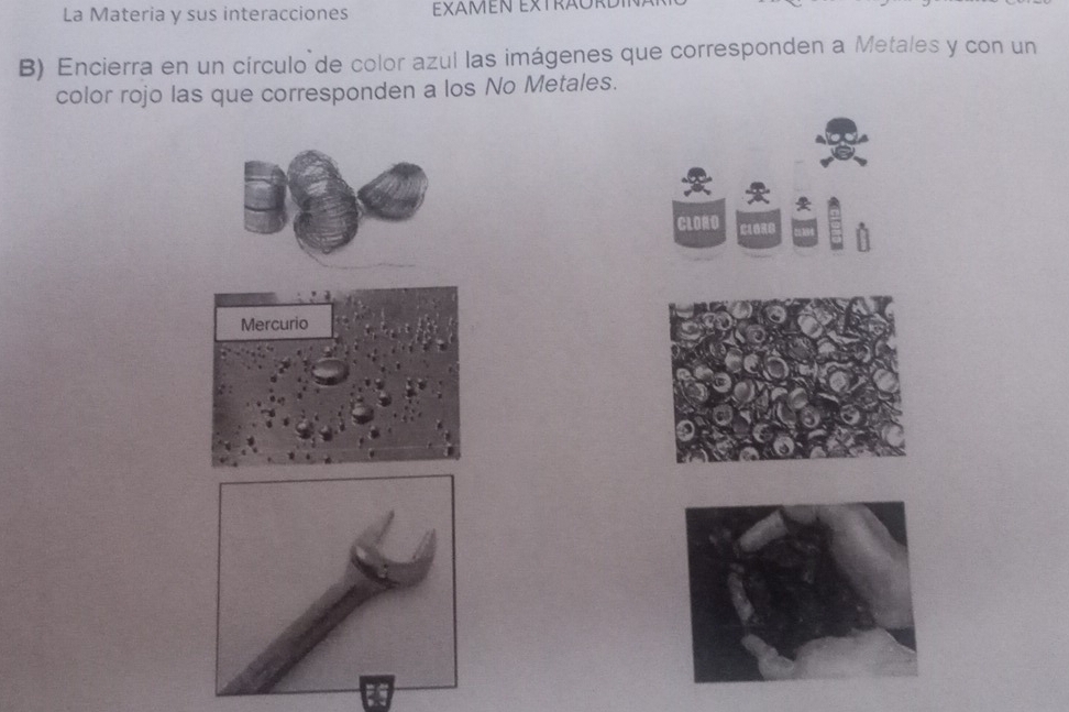 La Materia y sus interacciones ExaMen ExtrA 
B) Encierra en un círculo de color azul las imágenes que corresponden a Metales y con un 
color rojo las que corresponden a los No Metales. 
CLONO CLORO 
Mercurio