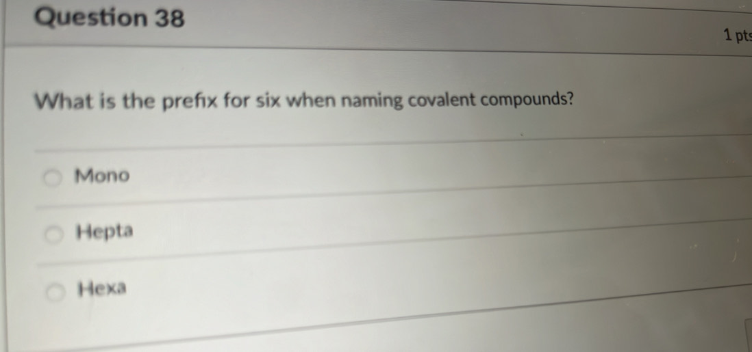 What is the prefx for six when naming covalent compounds?
Mono
Hepta
Hexa