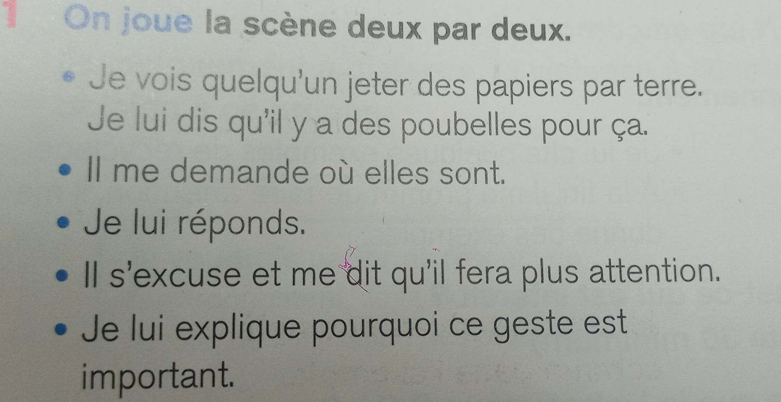 On joue la scène deux par deux. 
Je vois quelqu'un jeter des papiers par terre. 
Je lui dis qu'il y a des poubelles pour ça. 
Il me demande où elles sont. 
Je lui réponds. 
ll s'excuse et me dit qu'il fera plus attention. 
Je lui explique pourquoi ce geste est 
important.