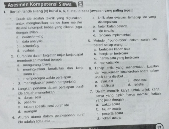 Asesmen Kompetensi Siswa
I. Berilah tanda silang (x) huruf a, b, c, atau d pada jawaban yang paling tepat!
1. Curah ide adalah teknik yang digunakan a. kritik atau evaluasi terhadap ide yang
untuk menghasilkan ide-ide baru melalui disampaikan
diskusi kelompok bebas yang dikenal juga b. keterlibatan peserta
dengan istilah .... c. ide tertulis
a. brainstorming d. rencana implementasi
b. data analysis 5. Metode “round-robin” dalam curah ide
c. scheduling berarti setiap orang ....
d. evaluasi a. berbicara kapan saja
2. Curah ide dalam kegiatan unjuk kerja dapat b. bergiliran berbicara
memberikan manfaat berupa .... c. hanya satu yang berbicara
a. mengurangi biaya d. mencatat ide
b. meningkatkan kreativitas dan kerja 6. Tahap kritis yang menentukan kualitas
sama tim dan kesuksesan keselüruhan acara dalam
c. mempercepat waktu persiapan unjuk kerja disebut ....
d. meningkatkan jumlah pengunjung a. evaluasi c. eksekusi
3. Langkah pertama dalam persiapan curah b. publikasi d. refleksi
ide adalah menentukan .... 7. Dalam memilih karya untuk unjuk kerja,
a. durasi sesi karya yang dipilih harus memiliki kaitan
b. peserta yang jelas dengan ....
c. tujuan spesifik sesi curah ide a. waktu acara
d. ruangan b. tujuan acara
4. Aturan utama dalam pelaksanaan curah c. peserta acara
ide adalah tidak ada .... d. lokasi acara
53