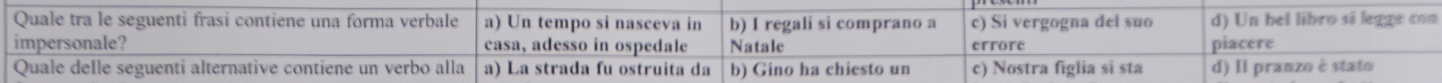 Quale tra le seguenti frasi contiene una forma verbale a) Un tempo si nasceva in b) I regali si comprano a c) Si vergogna del suo d) Un hel libro sí legge con
impersonale? casa, adesso in ospedale Natale errore piacere
Quale delle seguenti alternative contiene un verbo alla a) La strada fu ostruita da b) Gino ha chiesto un c) Nostra figlia sĩ sta d) Il pranzo è stato