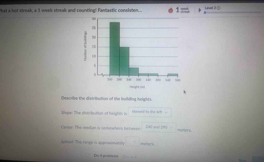 What a hot streak, a 1 week streak and counting! Fantastic consisten... 1 streak week Level 2 ① 
Describe the distribution of the building heights. 
Shape: The distribution of heights is skewed to the left 
Center: The median is somewhere between 240 and 290 meters. 
Spread: The range is approximately □  meters. 
Do 4 problems 
Skio