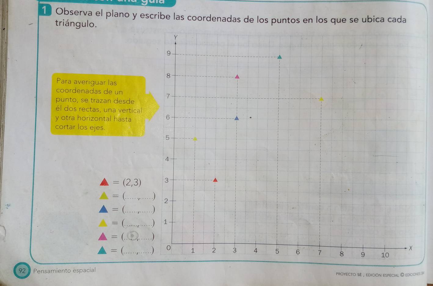 Observa el plano y escribe las coordenadas de los puntos en los que se ubica cada 
triángulo. 
Para averiguar las 
coordenadas de un 
punto, se trazan desde 
él dos rectas, una vertical 
y otra horizontal hasta 
cortar los ejes.
A=(2,3)
=(...) _
△ =(...,...) _
△ =(. _ .
△ =(... _ .
△ =( _ . 
92 1 Pensamiento espacial 
proyecto sê , edicion especial © ediciones sw